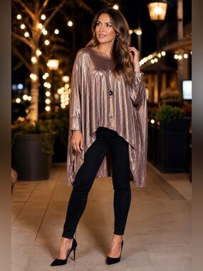 Shawl Dawls Metallic Drape Poncho Tunic Top One Size Rose Gold Shimmer